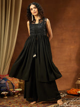 Women Black Georgette Sequinned Front-slit Jacket With Crop Top & Palazzo Set