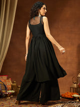 Women Black Georgette Sequinned Front-slit Jacket With Crop Top & Palazzo Set