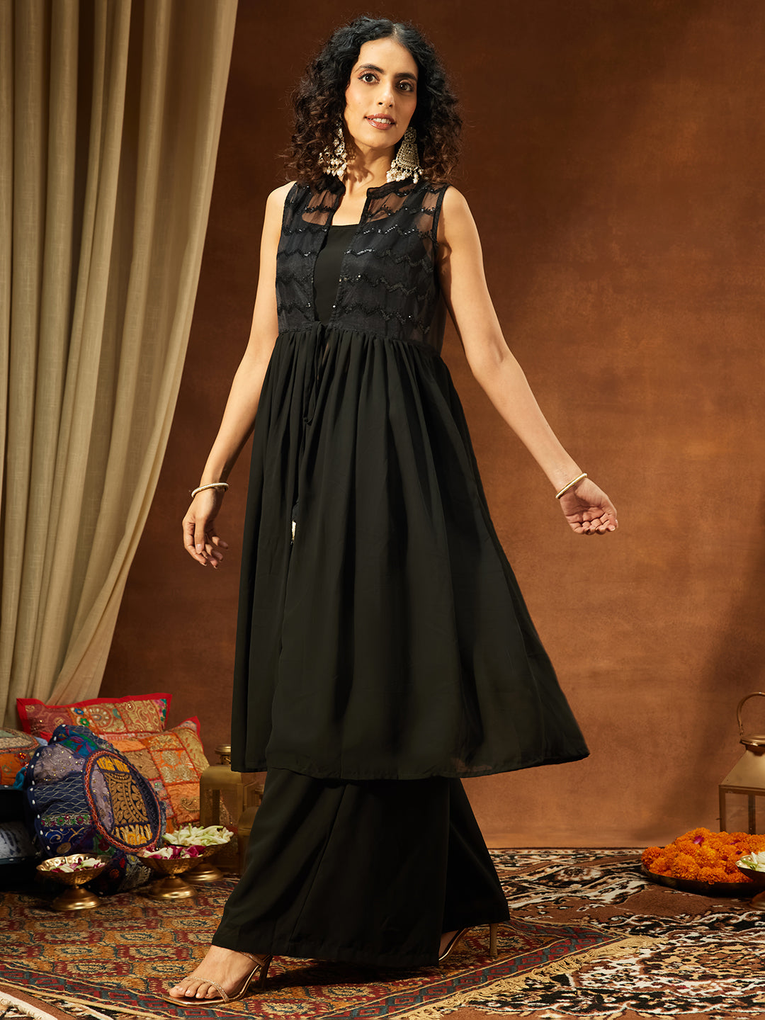 Women Black Georgette Sequinned Front-slit Jacket With Crop Top & Palazzo Set
