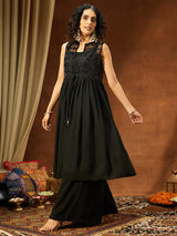 Women Black Georgette Sequinned Front-slit Jacket With Crop Top & Palazzo Set