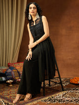 Women Black Georgette Sequinned Front-slit Jacket With Crop Top & Palazzo Set