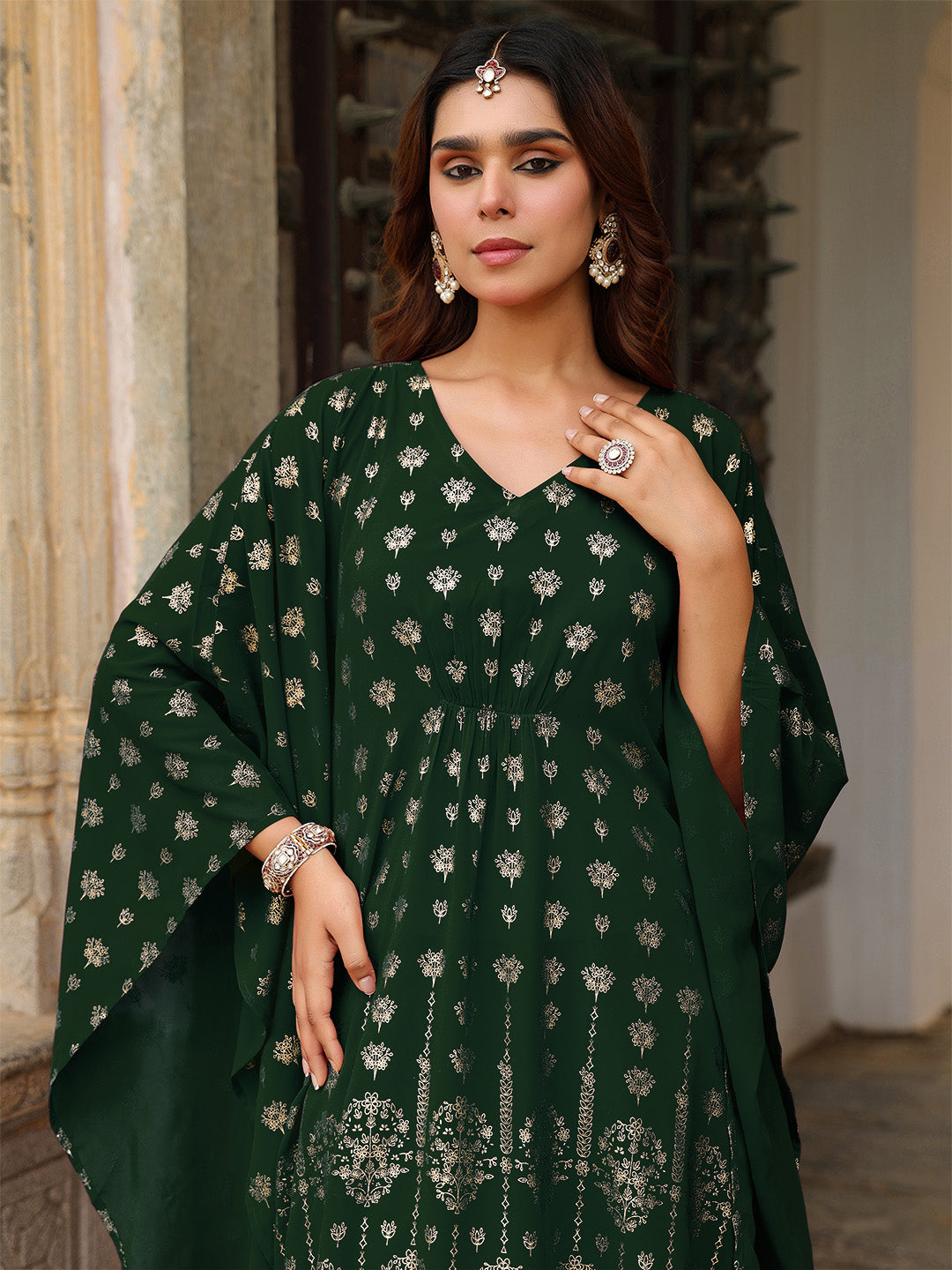 Women's Bottle Green Georgette Foil Printed Kaftan Kurta With Palazzo Set