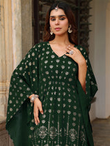 Women's Bottle Green Georgette Foil Printed Kaftan Kurta With Palazzo Set