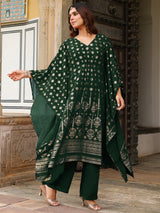 Women's Bottle Green Georgette Foil Printed Kaftan Kurta With Palazzo Set