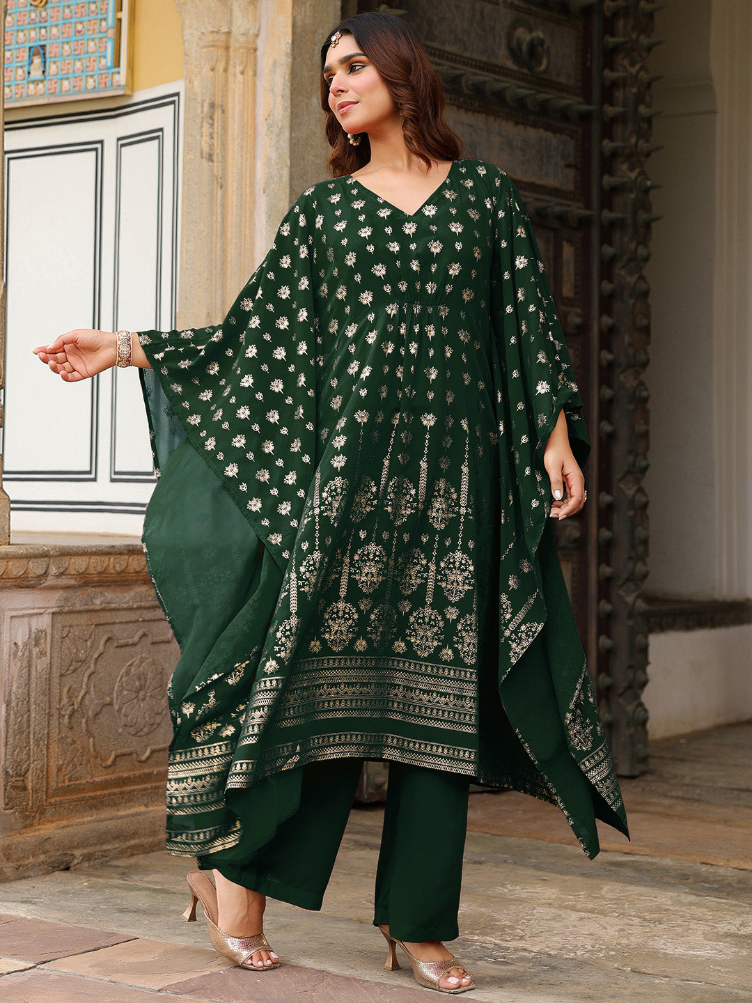 Women's Bottle Green Georgette Foil Printed Kaftan Kurta With Palazzo Set