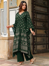 Women's Bottle Green Georgette Foil Printed Kaftan Kurta With Palazzo Set