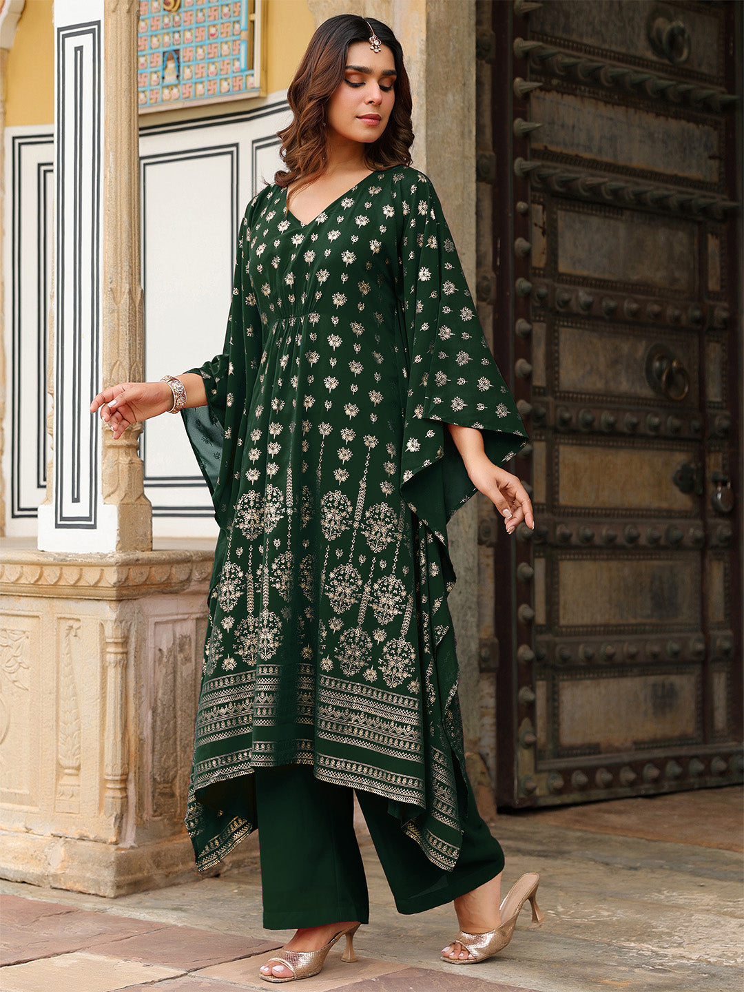 Women's Bottle Green Georgette Foil Printed Kaftan Kurta With Palazzo Set