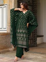 Women's Bottle Green Georgette Foil Printed Kaftan Kurta With Palazzo Set