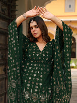 Women's Bottle Green Georgette Foil Printed Kaftan Kurta With Palazzo Set