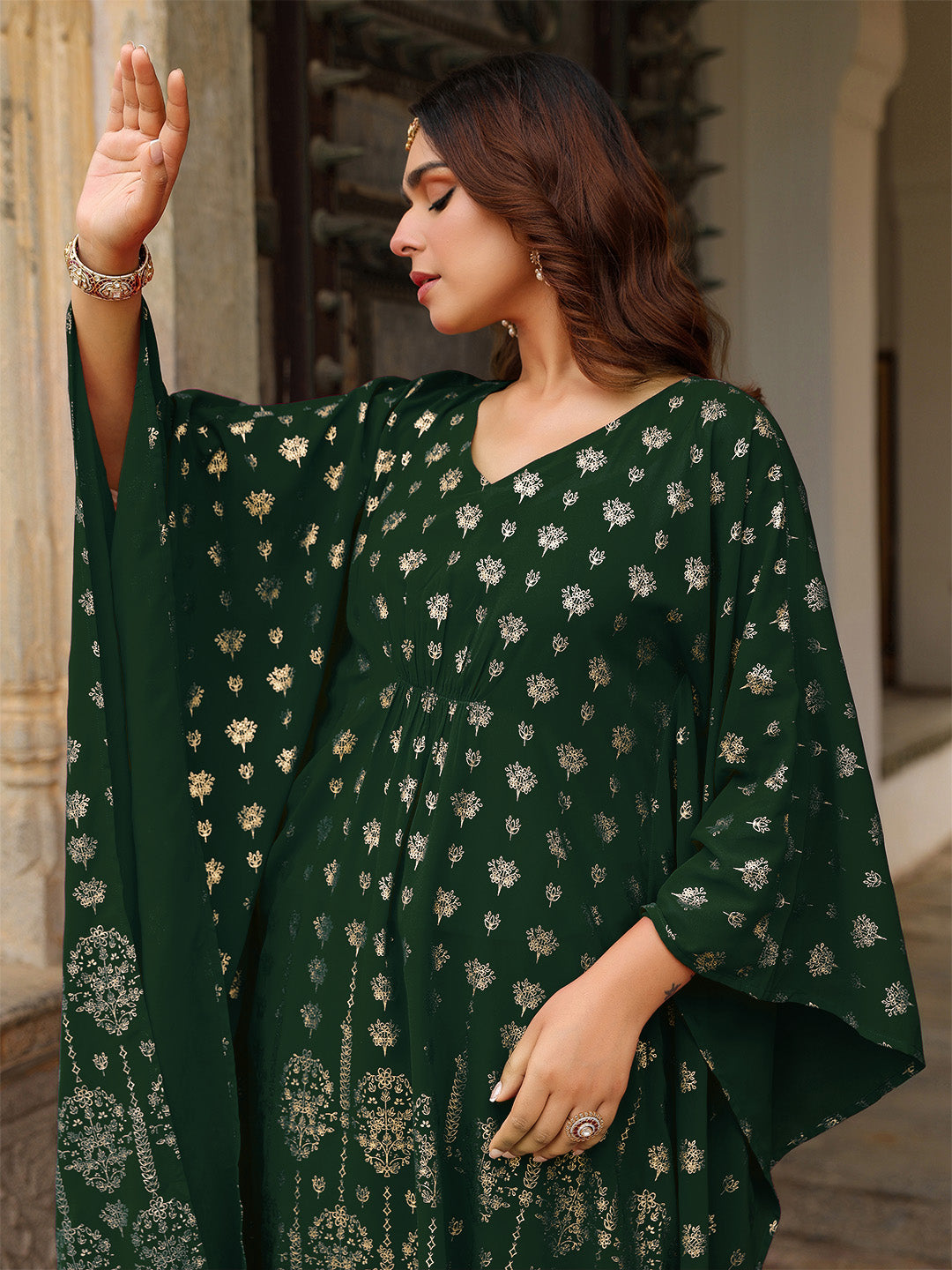 Women's Bottle Green Georgette Foil Printed Kaftan Kurta With Palazzo Set