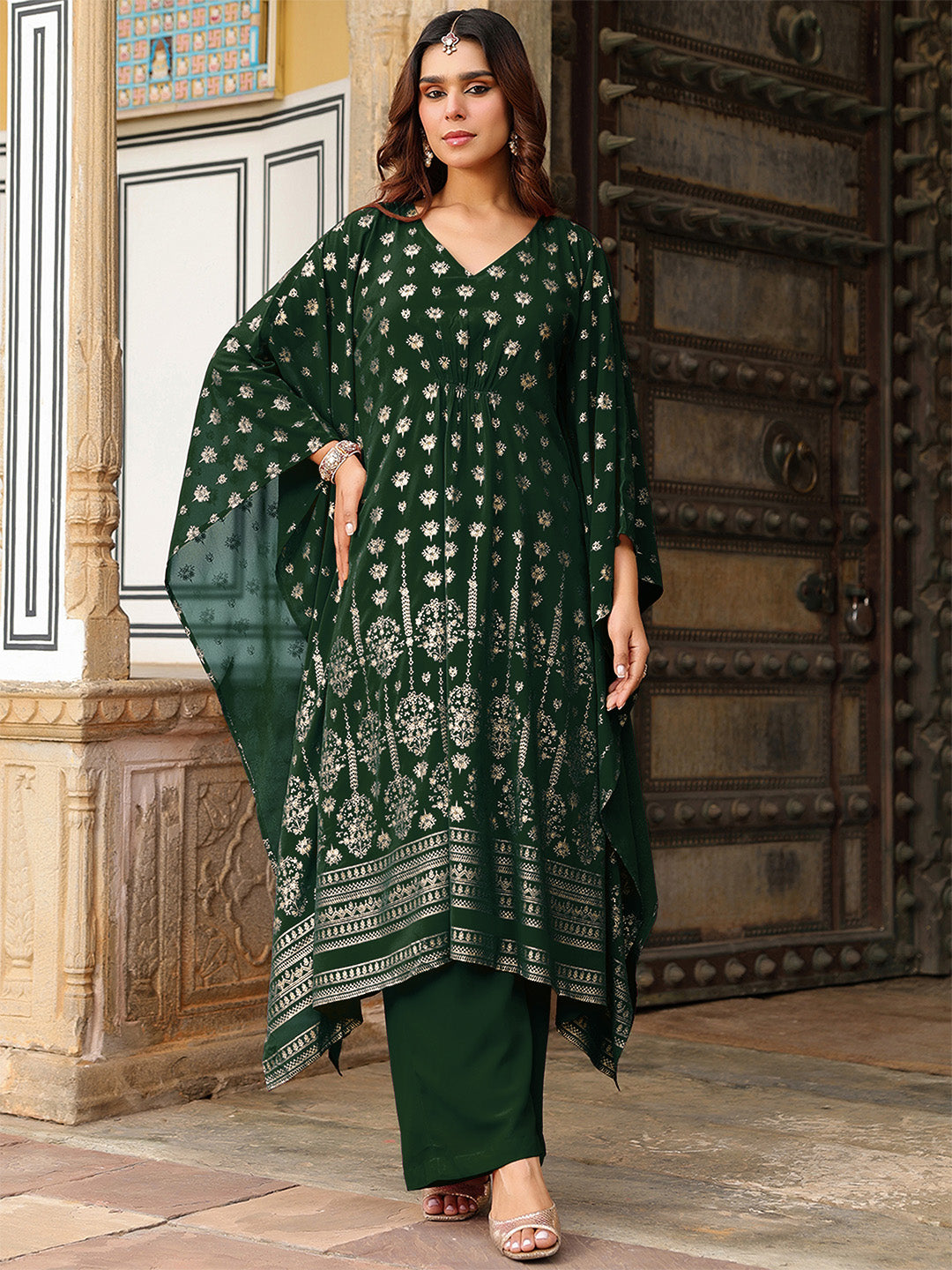 Women's Bottle Green Georgette Foil Printed Kaftan Kurta With Palazzo Set