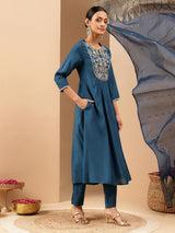 Women's Teal Chanderi Silk Zari Yoke Embroidered A-line Kurta Set With Dupatta