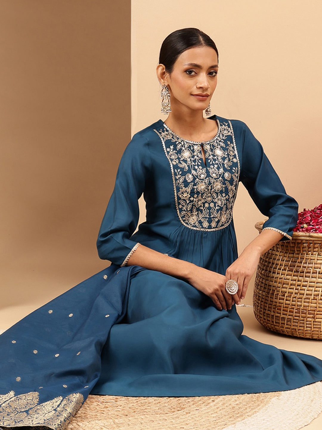 Women's Teal Chanderi Silk Zari Yoke Embroidered A-line Kurta Set With Dupatta