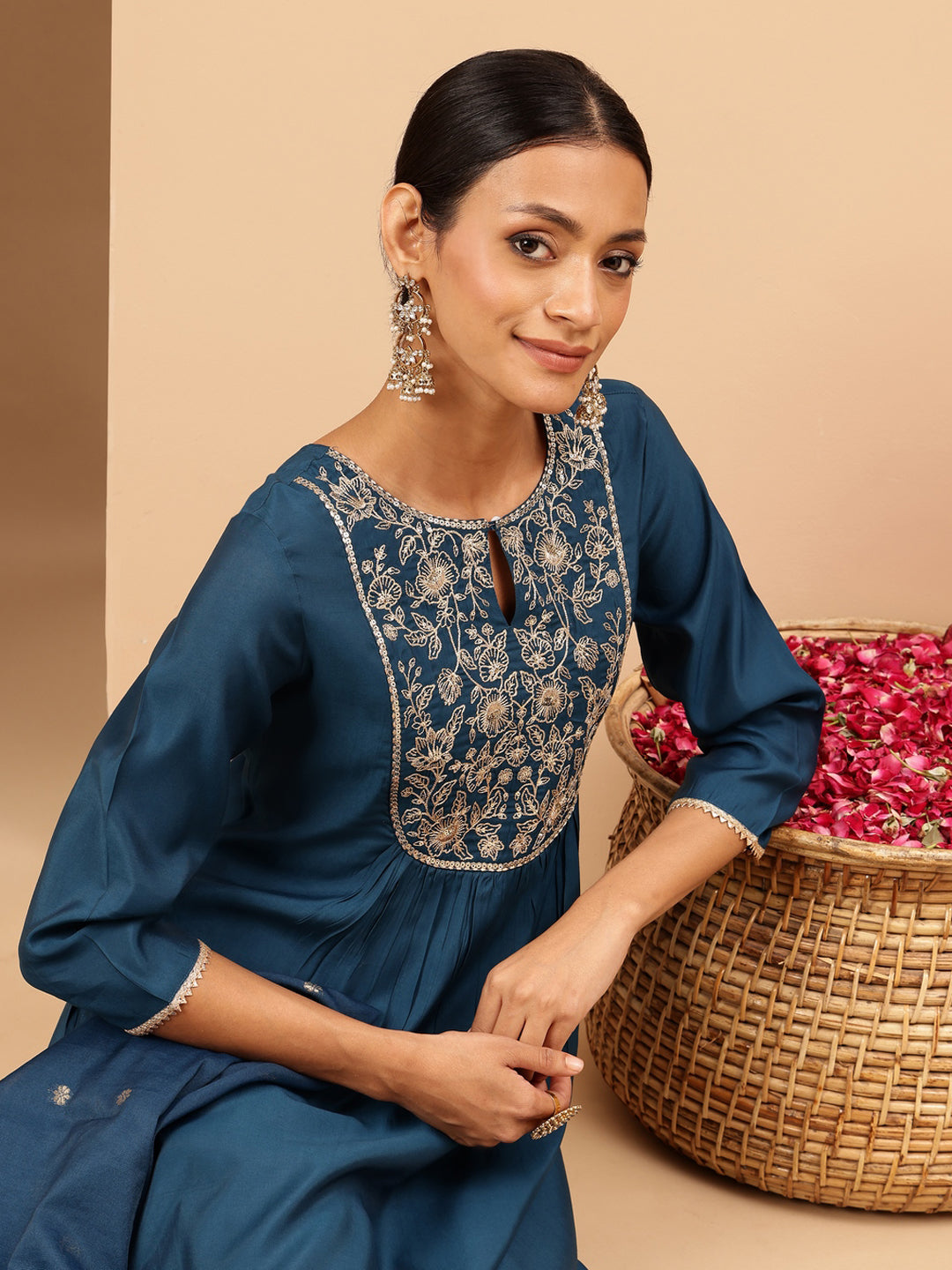 Women's Teal Chanderi Silk Zari Yoke Embroidered A-line Kurta Set With Dupatta