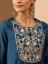 Women's Teal Chanderi Silk Zari Yoke Embroidered A-line Kurta Set With Dupatta