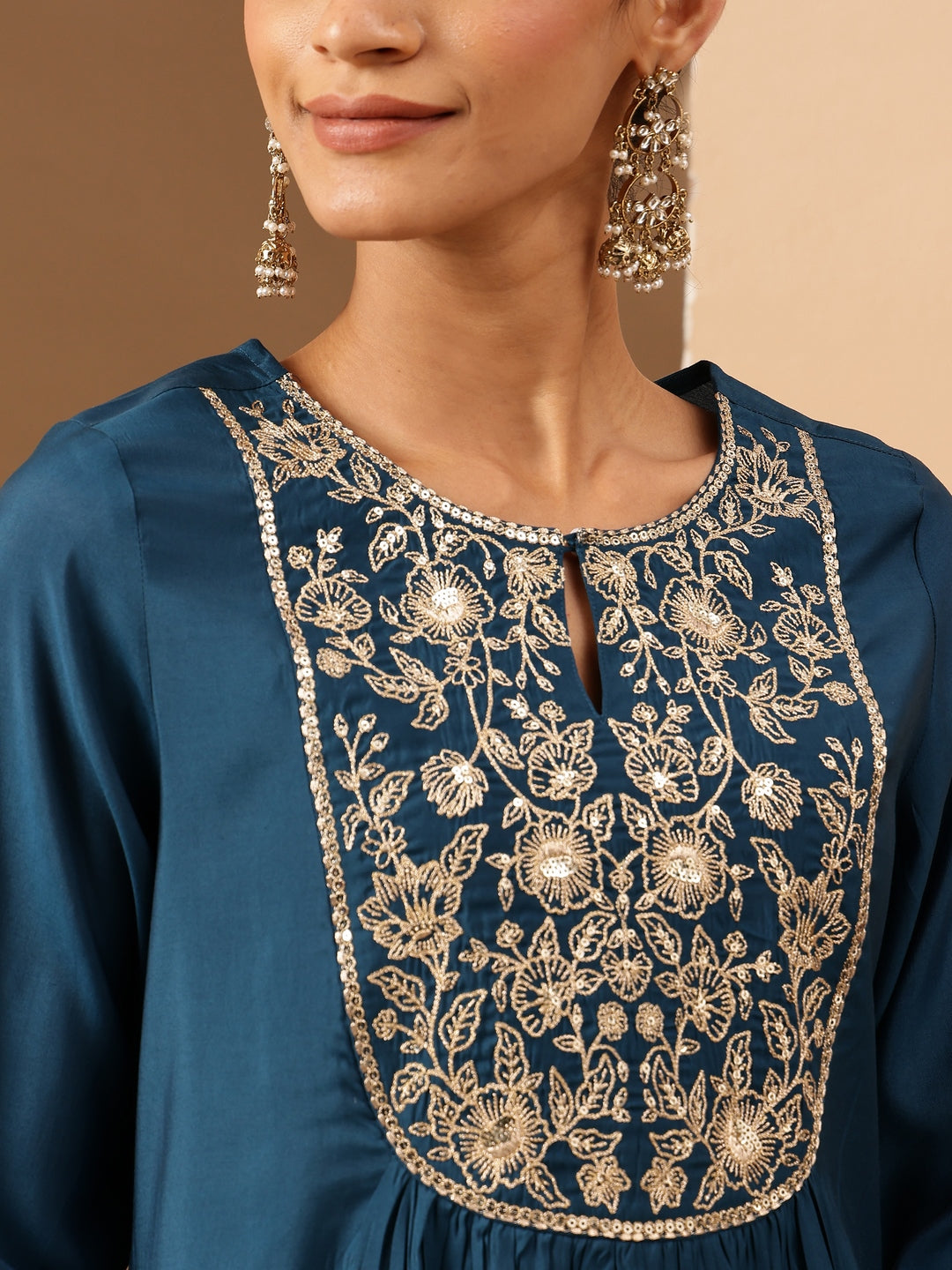 Women's Teal Chanderi Silk Zari Yoke Embroidered A-line Kurta Set With Dupatta