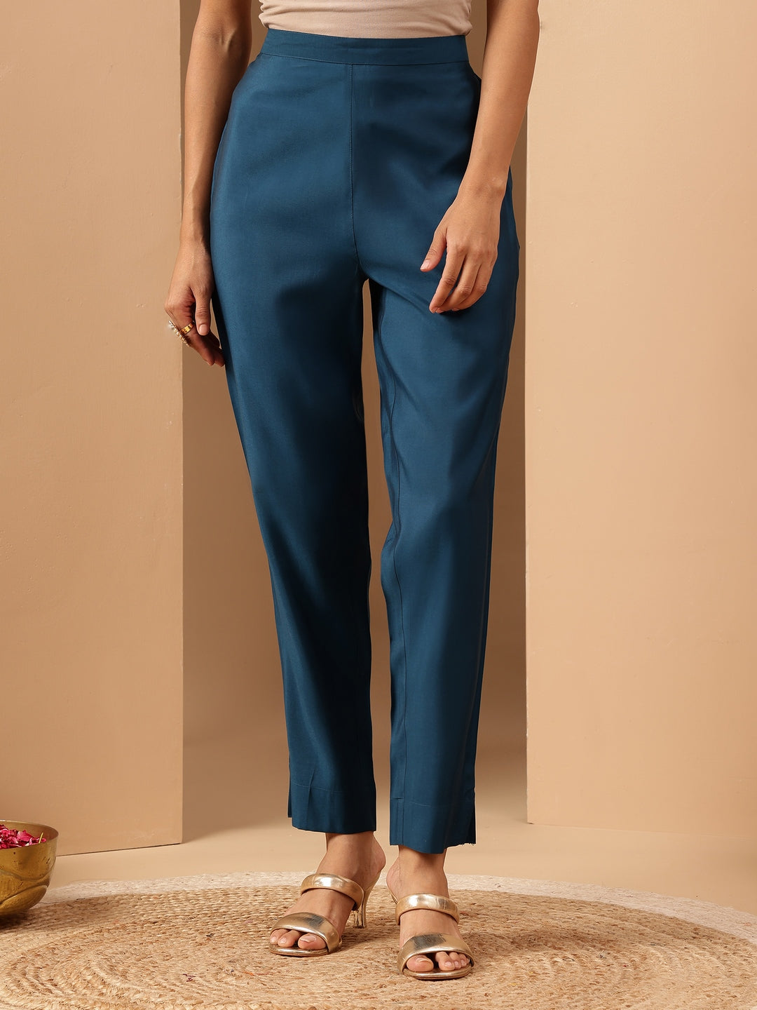 Women's Teal Chanderi Silk Zari Yoke Embroidered A-line Kurta Set With Dupatta