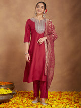 Women's Maroon Silk Blend Zari Embroidered Straight Kurta Set