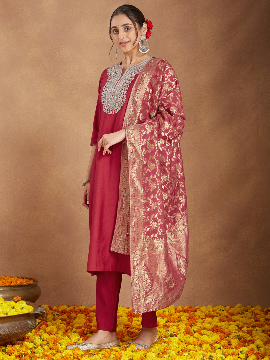 Women's Maroon Silk Blend Zari Embroidered Straight Kurta Set