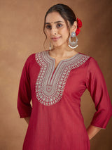 Women's Maroon Silk Blend Zari Embroidered Straight Kurta Set