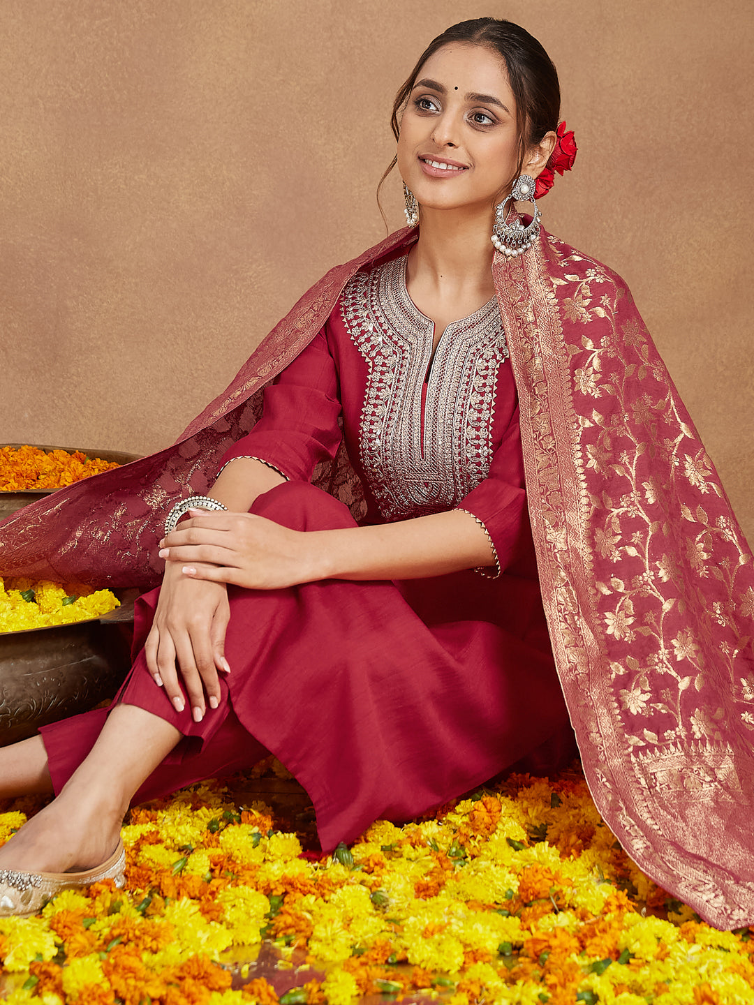 Women's Maroon Silk Blend Zari Embroidered Straight Kurta Set