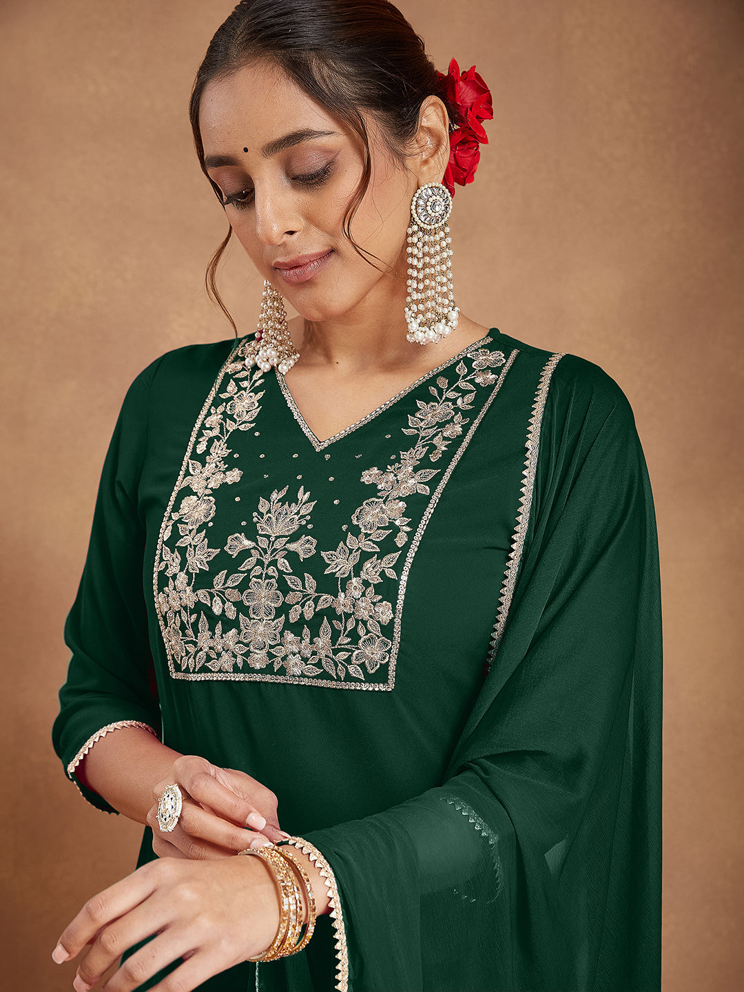 Women's Dark Green Georgette Zari Embroidered Straight Kurta With Palazzo & Dupatta Set