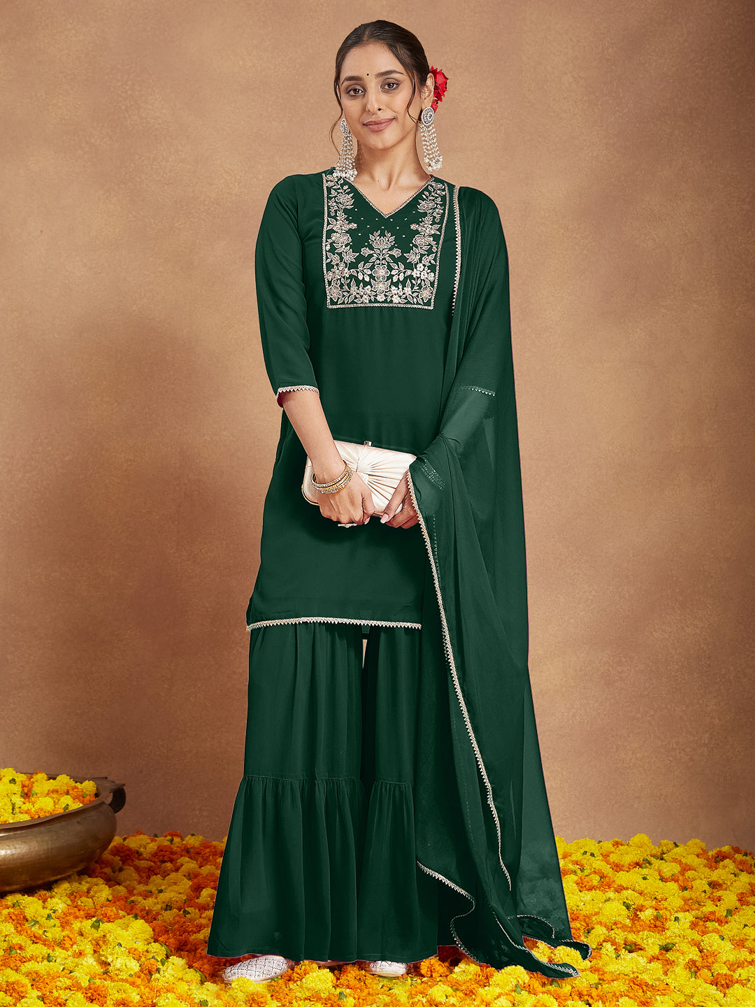 Women's Dark Green Georgette Zari Embroidered Straight Kurta With Palazzo & Dupatta Set