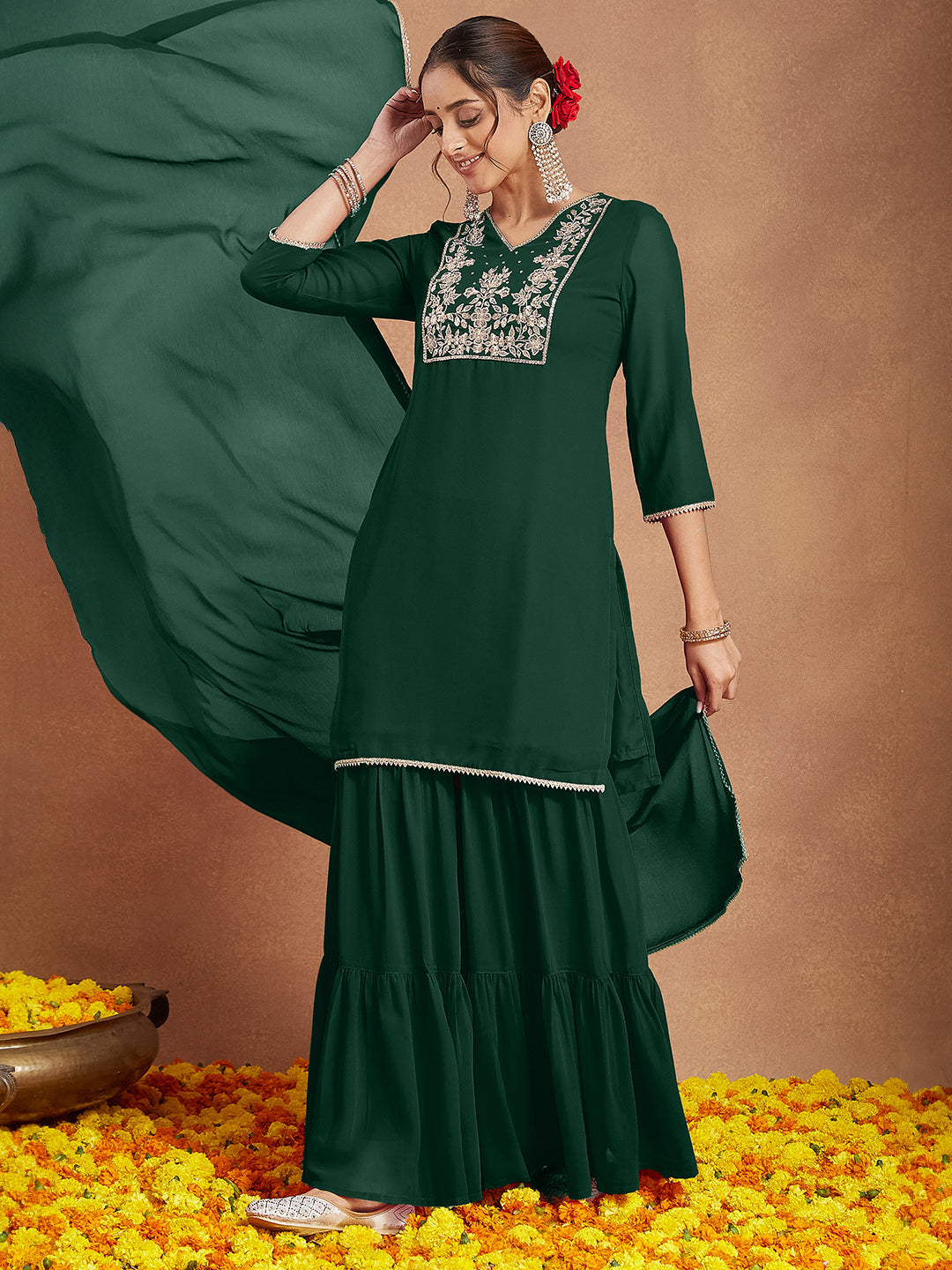 Women's Dark Green Georgette Zari Embroidered Straight Kurta With Palazzo & Dupatta Set