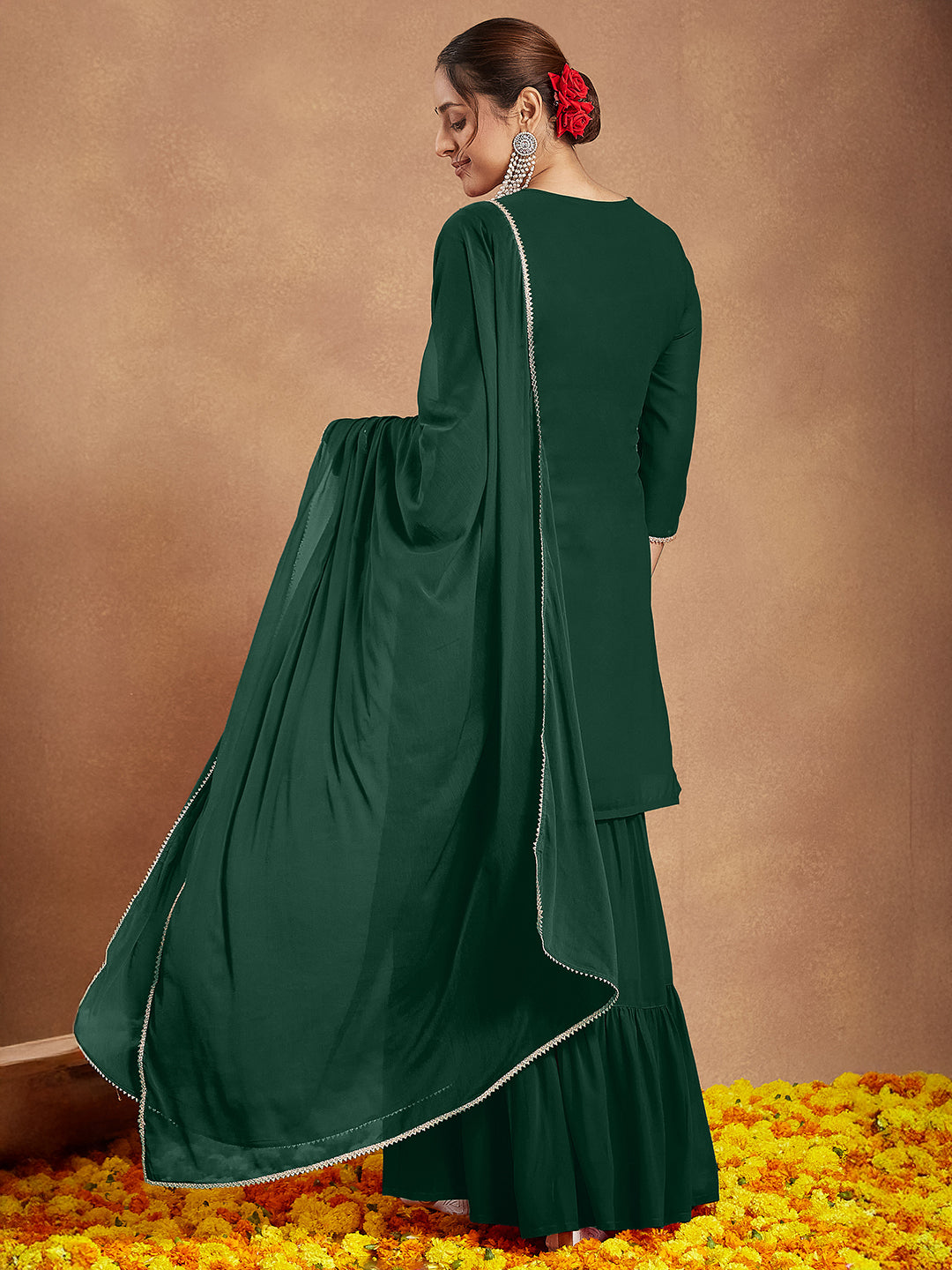 Women's Dark Green Georgette Zari Embroidered Straight Kurta With Palazzo & Dupatta Set