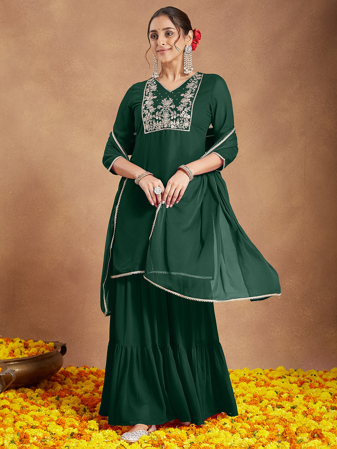 Women's Dark Green Georgette Zari Embroidered Straight Kurta With Palazzo & Dupatta Set