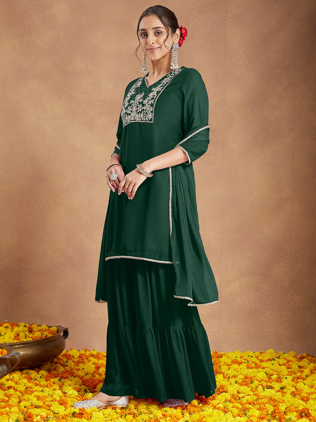 Women's Dark Green Georgette Zari Embroidered Straight Kurta With Palazzo & Dupatta Set