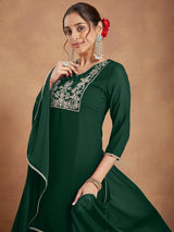 Women's Dark Green Georgette Zari Embroidered Straight Kurta With Palazzo & Dupatta Set