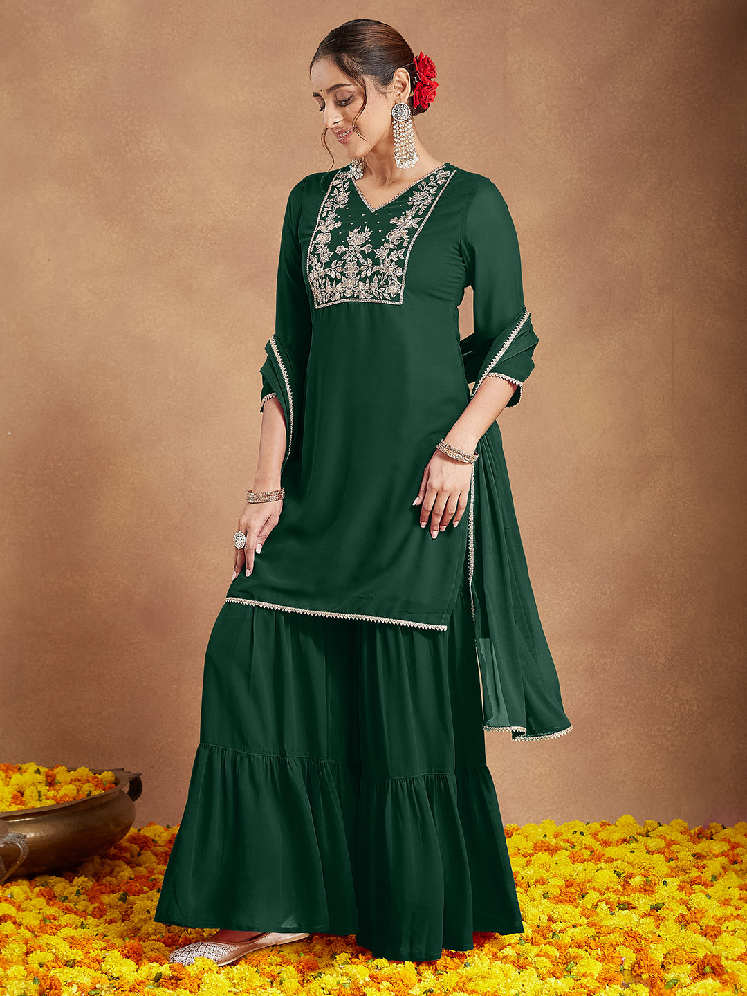 Women's Dark Green Georgette Zari Embroidered Straight Kurta With Palazzo & Dupatta Set