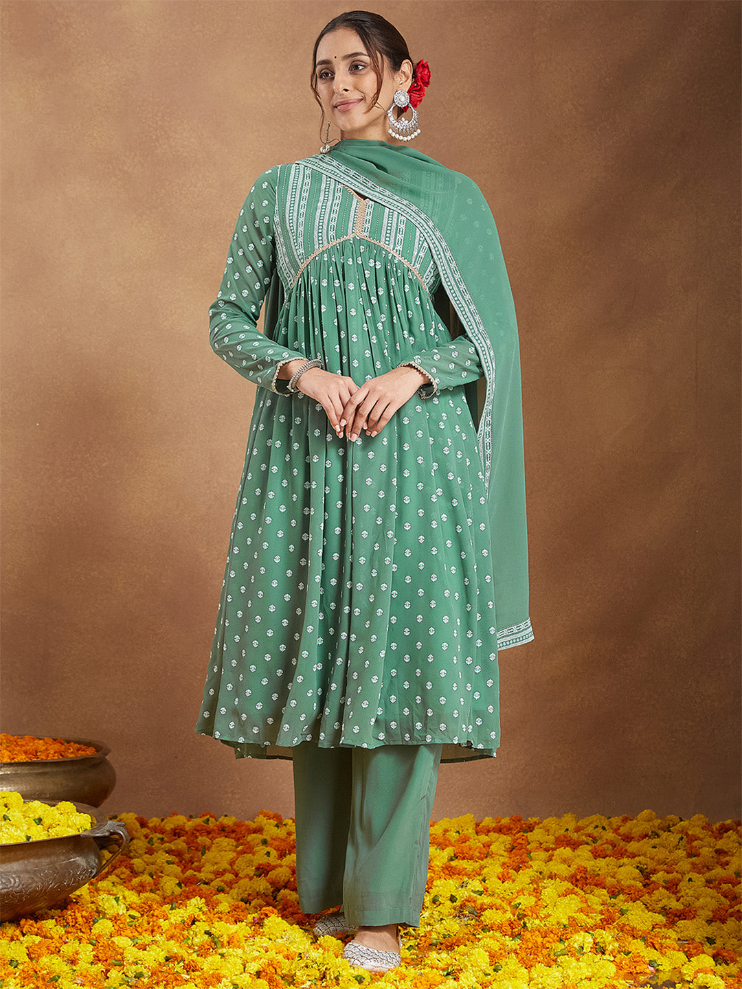 Women's Sage Green Georgette Embellished Ethnic Motifs Printed A-line Kurta Set