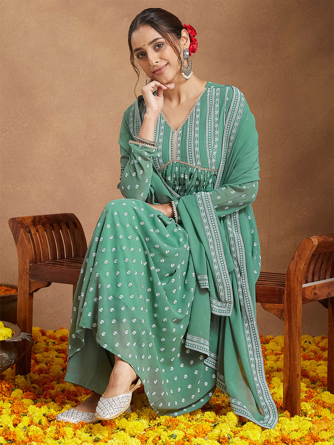 Women's Sage Green Georgette Embellished Ethnic Motifs Printed A-line Kurta Set