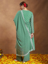 Women's Sage Green Georgette Embellished Ethnic Motifs Printed A-line Kurta Set