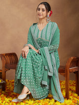 Women's Sage Green Georgette Embellished Ethnic Motifs Printed A-line Kurta Set