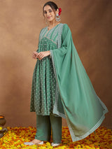 Women's Sage Green Georgette Embellished Ethnic Motifs Printed A-line Kurta Set