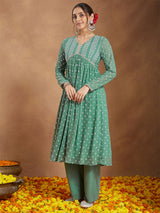 Women's Sage Green Georgette Embellished Ethnic Motifs Printed A-line Kurta Set