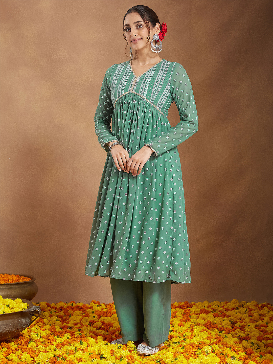 Women's Sage Green Georgette Embellished Ethnic Motifs Printed A-line Kurta Set
