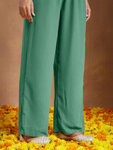 Women's Sage Green Georgette Embellished Ethnic Motifs Printed A-line Kurta Set