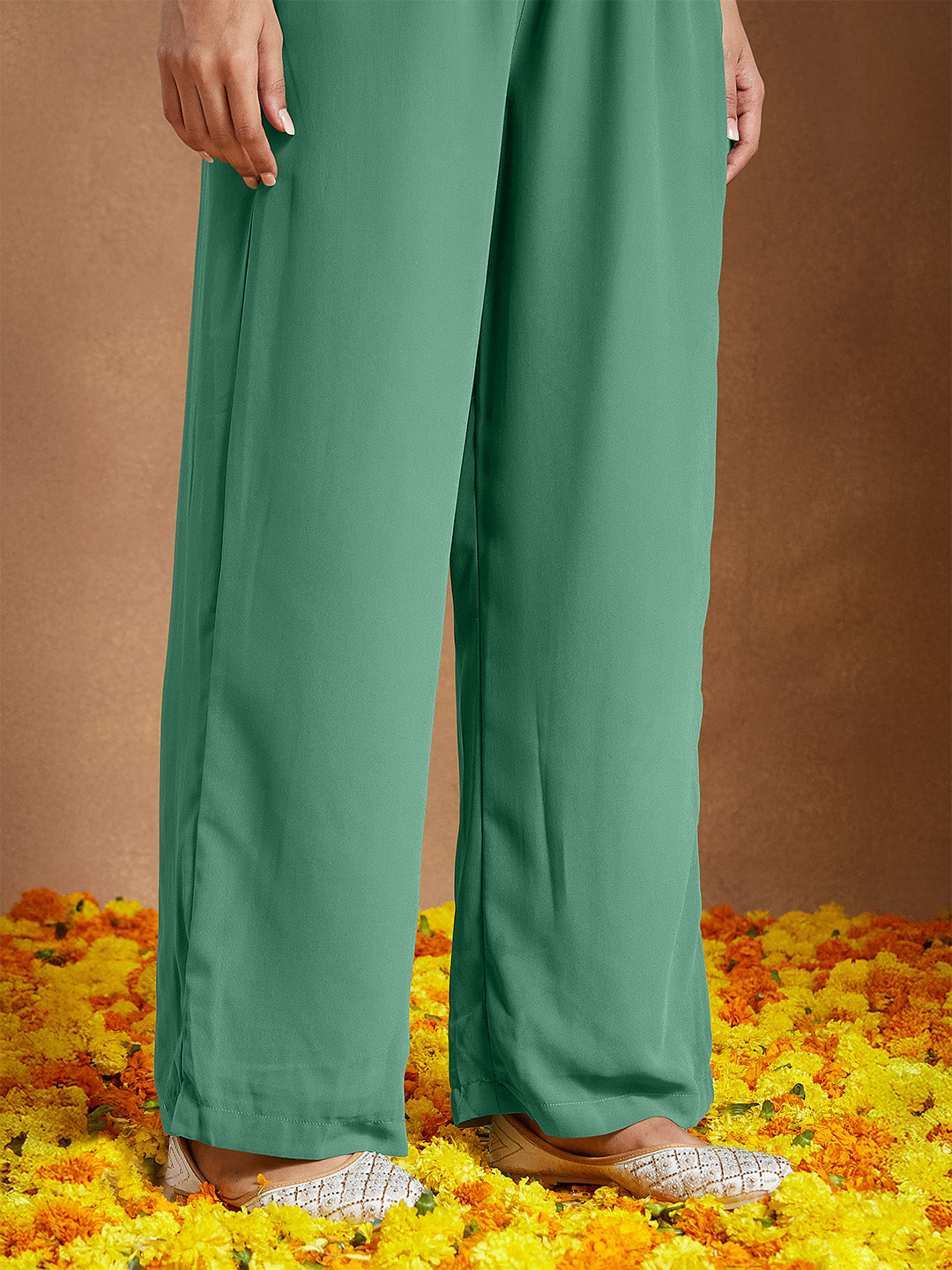 Women's Sage Green Georgette Embellished Ethnic Motifs Printed A-line Kurta Set