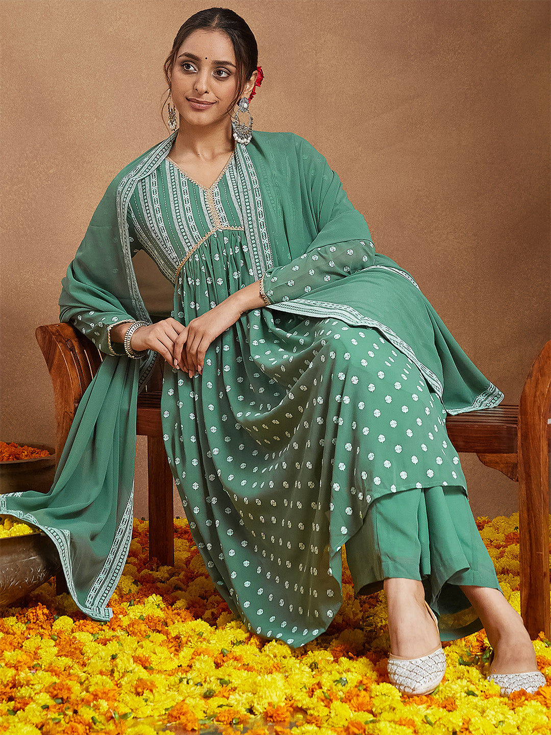 Women's Sage Green Georgette Embellished Ethnic Motifs Printed A-line Kurta Set