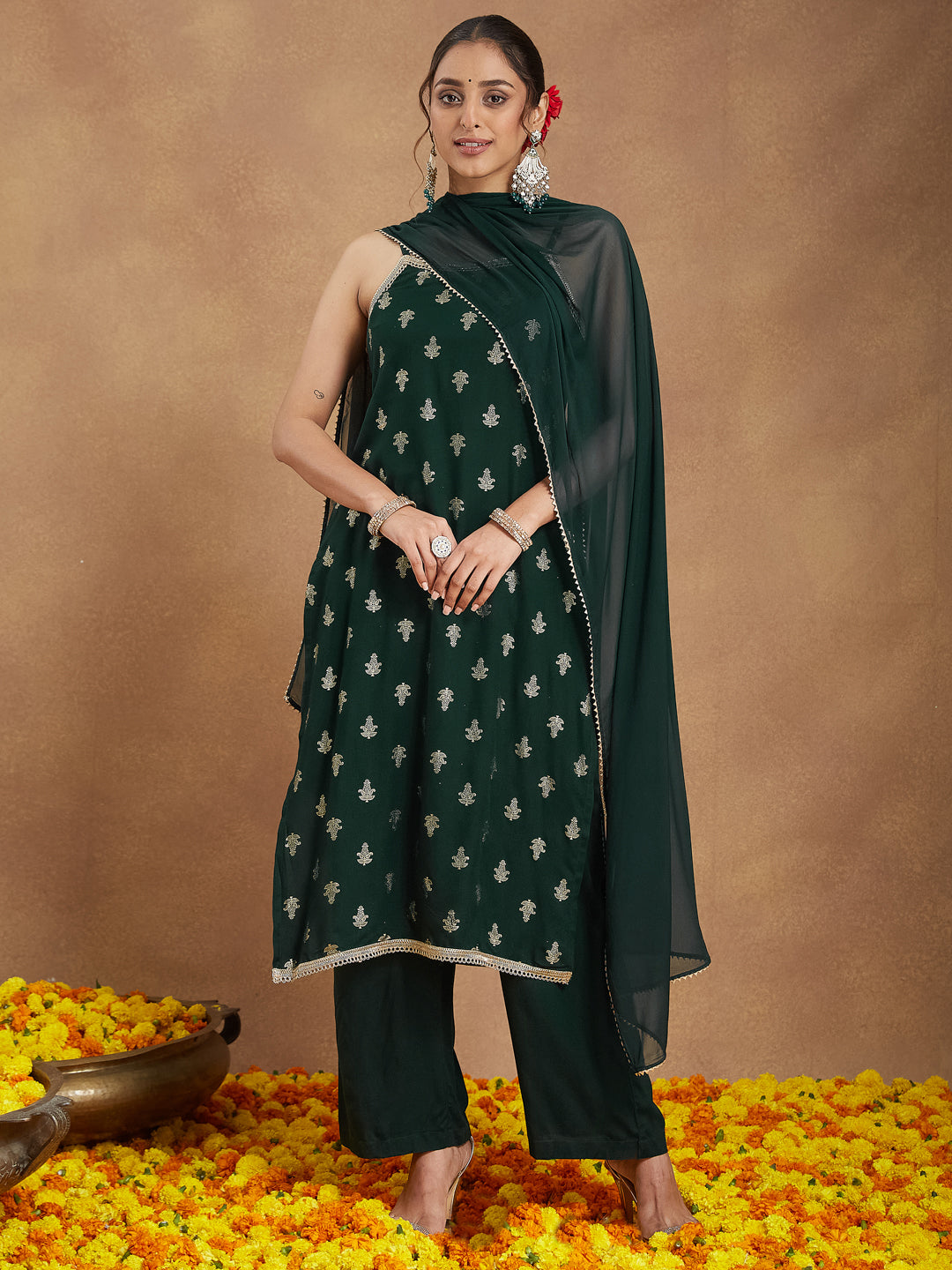 Women's Dark Green Rayon Embellished Foil Printed Straight Kurta Set