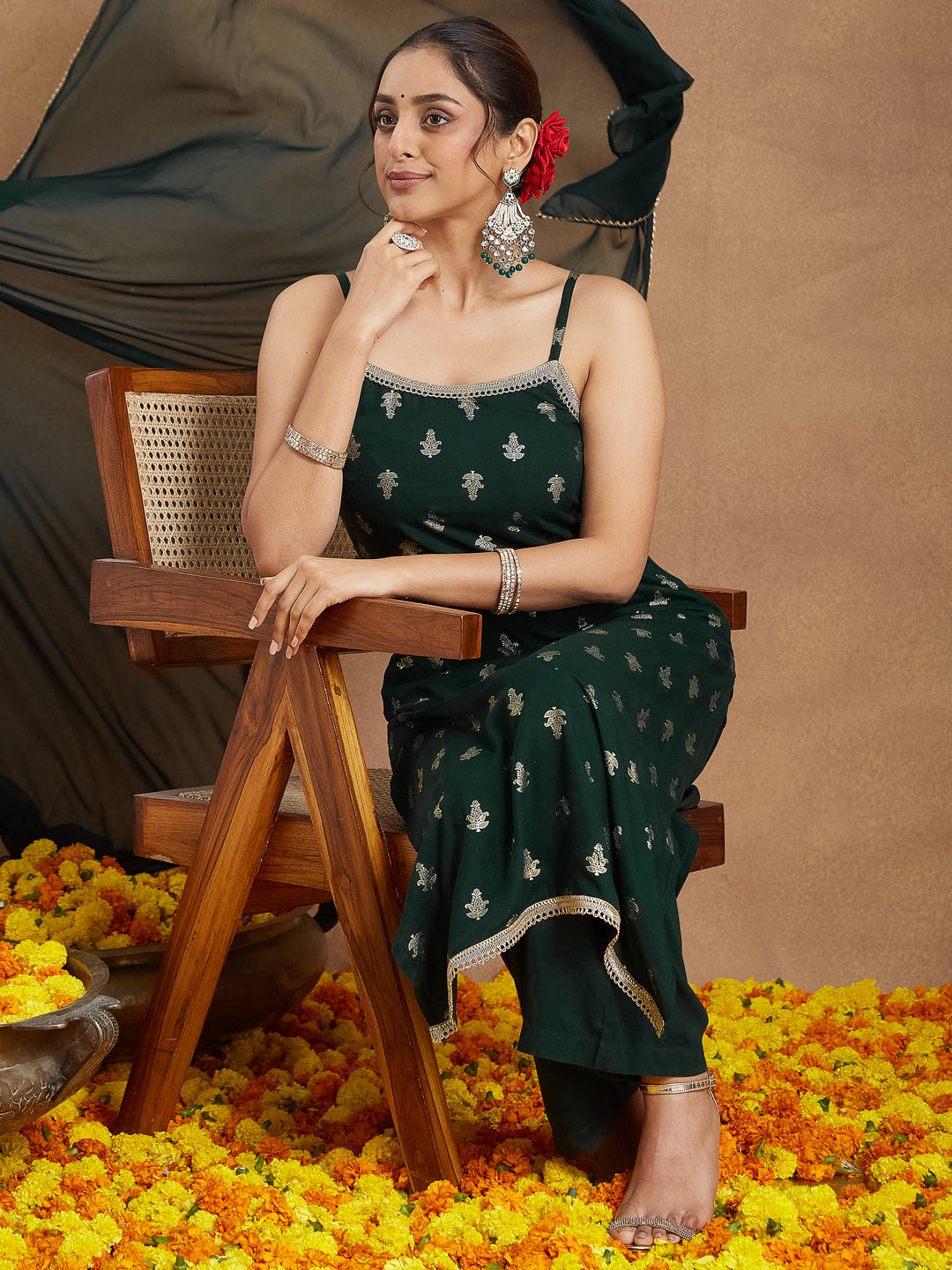 Women's Dark Green Rayon Embellished Foil Printed Straight Kurta Set