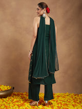 Women's Dark Green Rayon Embellished Foil Printed Straight Kurta Set