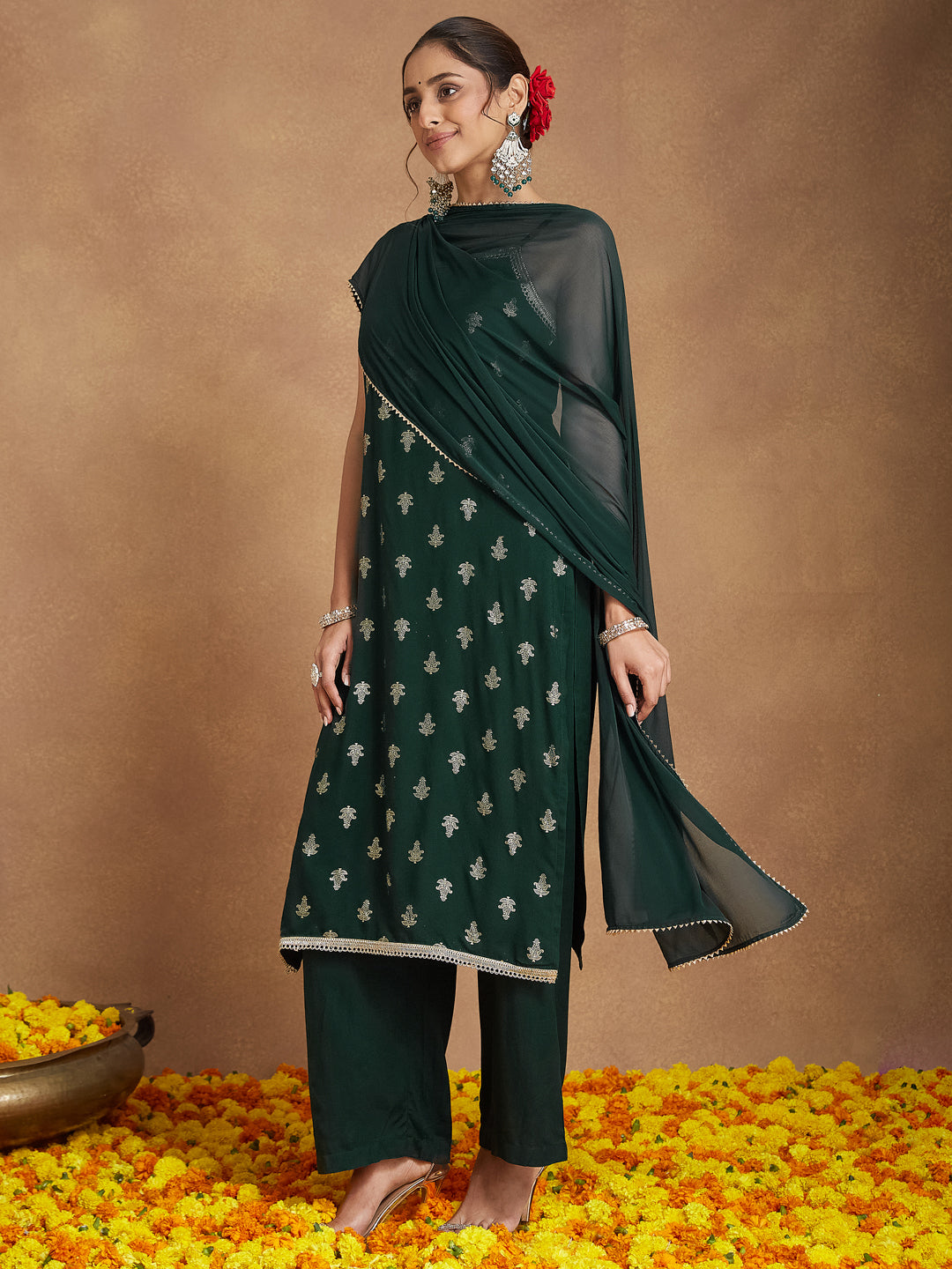 Women's Dark Green Rayon Embellished Foil Printed Straight Kurta Set
