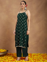 Women's Dark Green Rayon Embellished Foil Printed Straight Kurta Set
