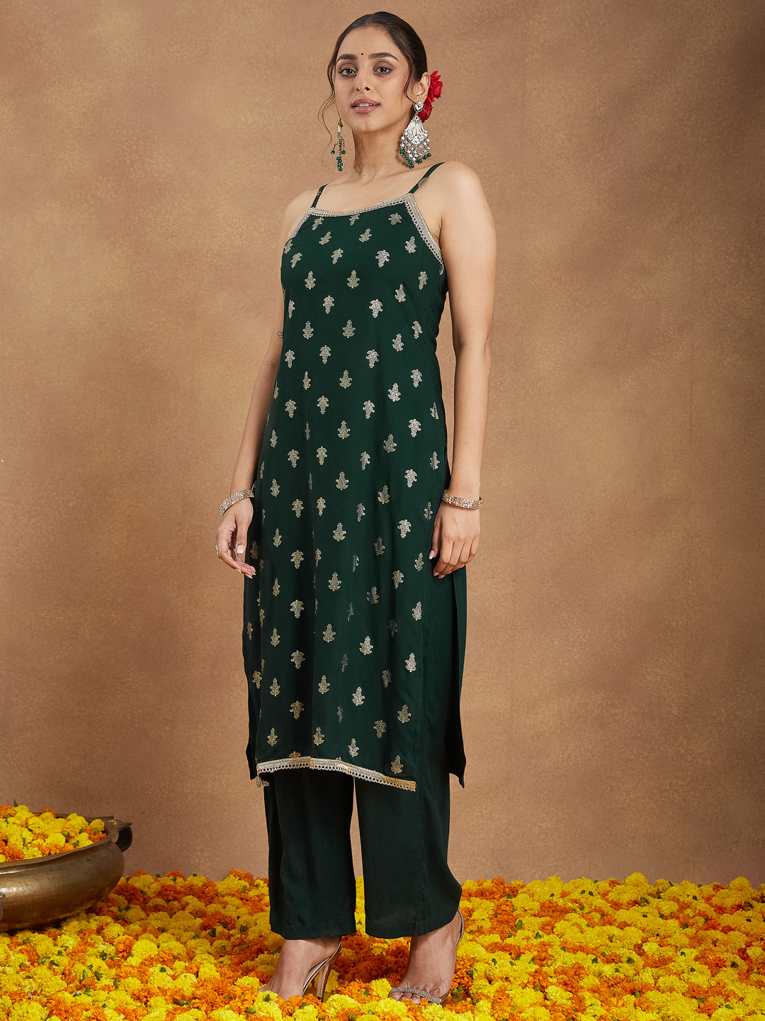 Women's Dark Green Rayon Embellished Foil Printed Straight Kurta Set
