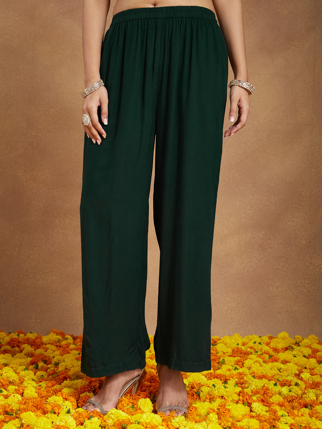 Women's Dark Green Rayon Embellished Foil Printed Straight Kurta Set